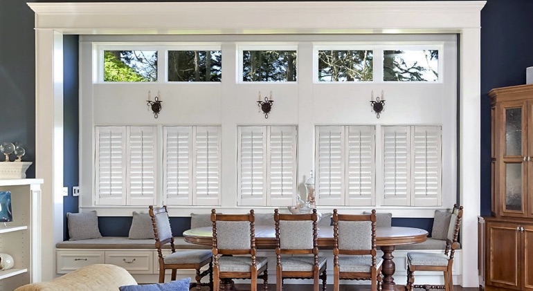 San Jose dining room with white plantation shutters.